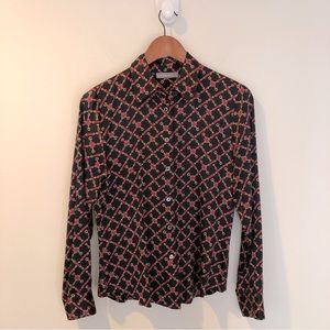 Kate Hill Silk Long Sleeve Collar Blouse Classic Chain Print Black Gold Red